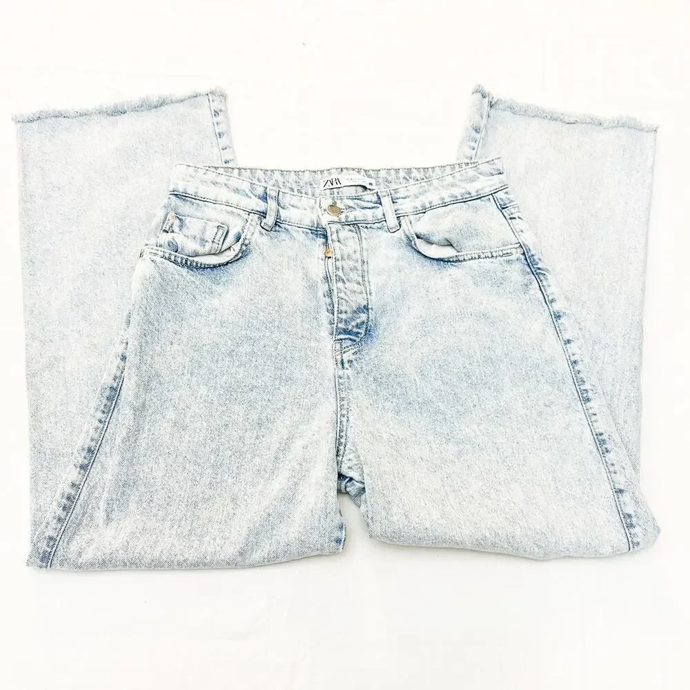 Zara Acid Wash Button Fly Denim Jeans Button Fly Straight Leg Size 8